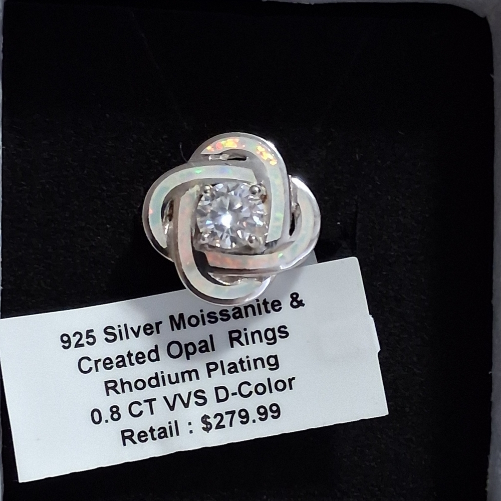 Moissanite & Created Opal Ring Set in 925 Sterling Silver size 7